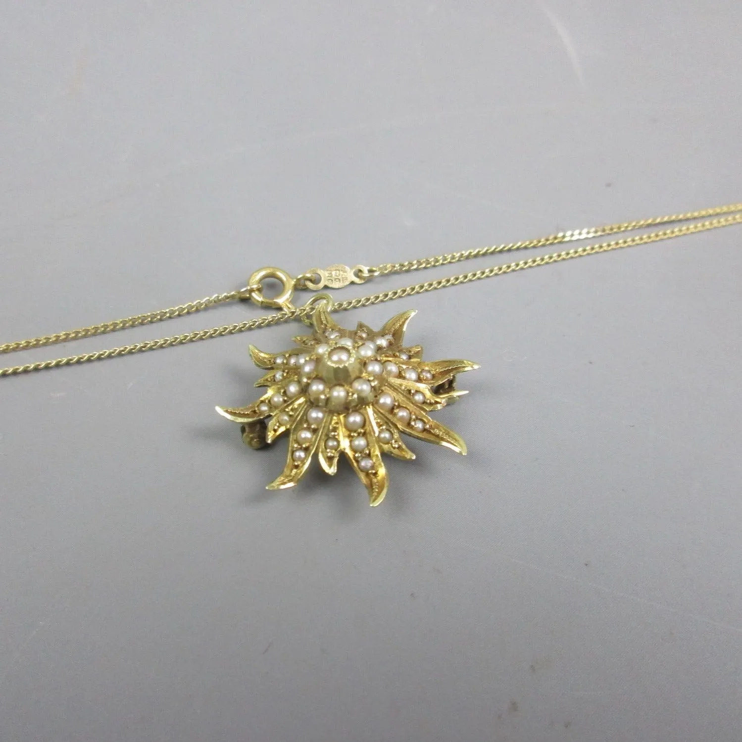 14K Yellow Gold & Seed Pearl Sunburst Pendant Necklace Antique Art Deco c1930