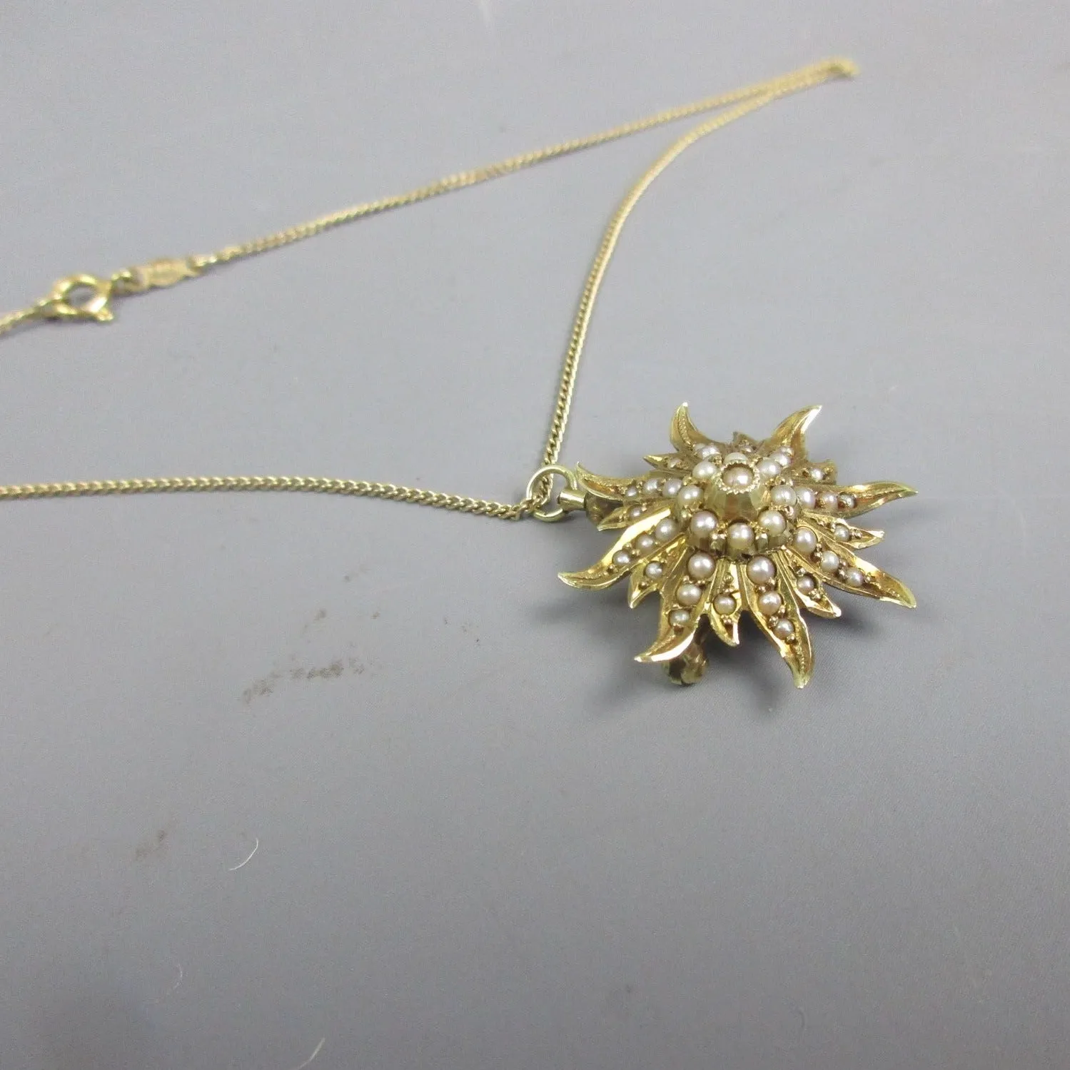 14K Yellow Gold & Seed Pearl Sunburst Pendant Necklace Antique Art Deco c1930