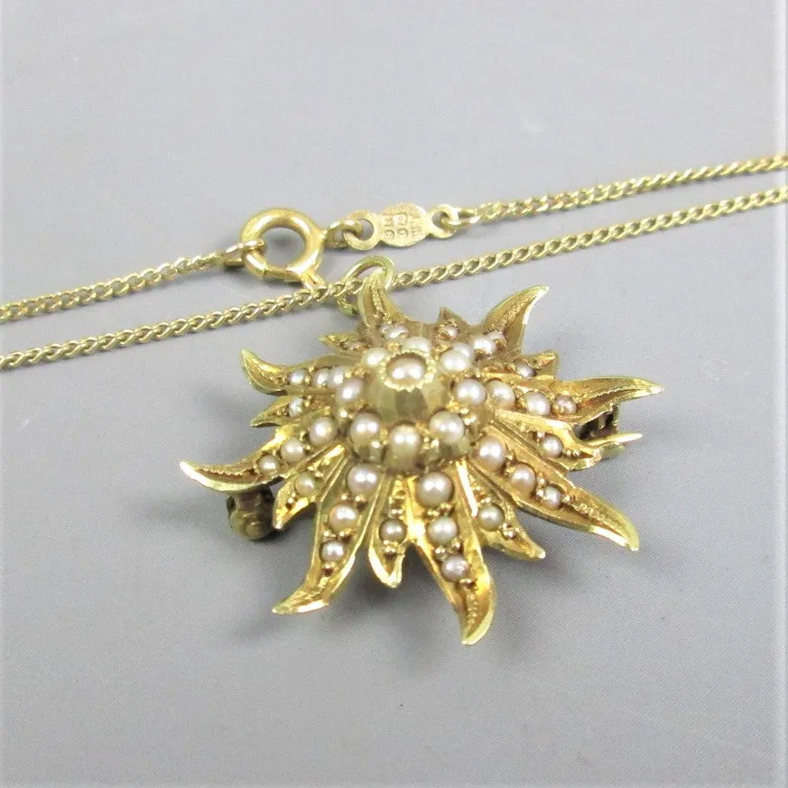 14K Yellow Gold & Seed Pearl Sunburst Pendant Necklace Antique Art Deco c1930