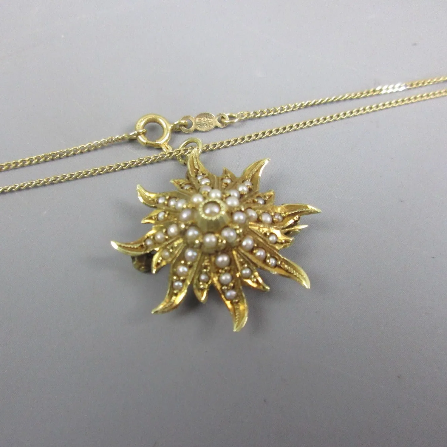 14K Yellow Gold & Seed Pearl Sunburst Pendant Necklace Antique Art Deco c1930