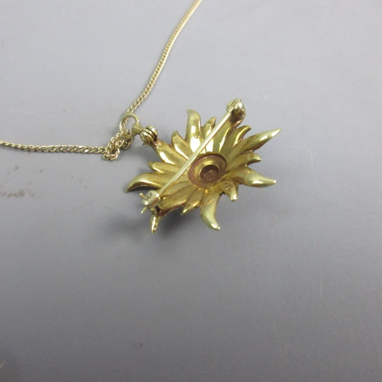 14K Yellow Gold & Seed Pearl Sunburst Pendant Necklace Antique Art Deco c1930