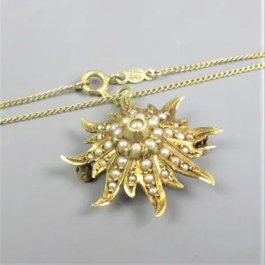 14K Yellow Gold & Seed Pearl Sunburst Pendant Necklace Antique Art Deco c1930