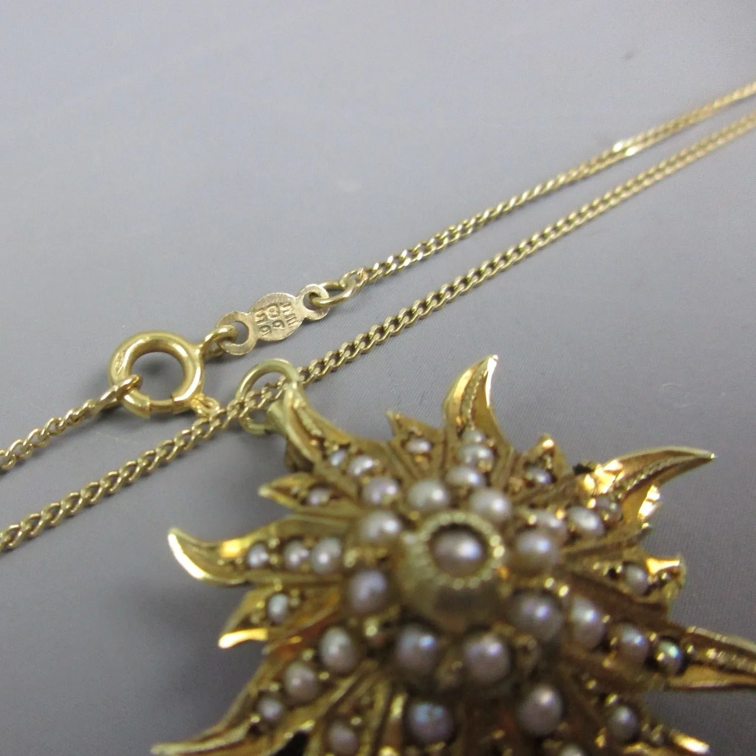 14K Yellow Gold & Seed Pearl Sunburst Pendant Necklace Antique Art Deco c1930