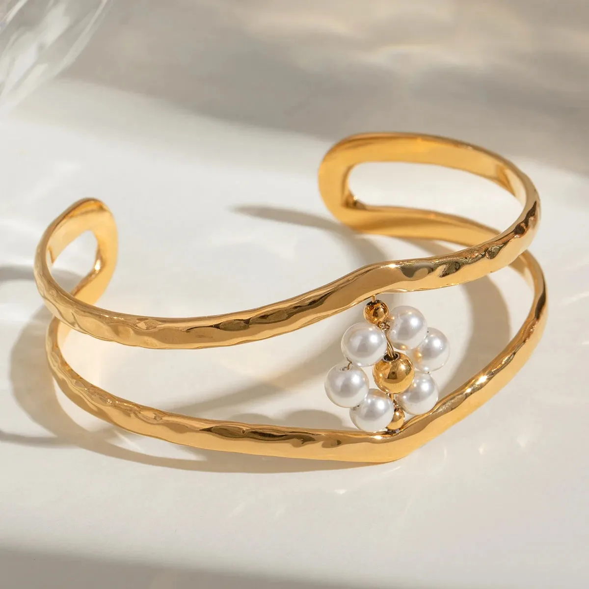18K Gold Plated Imitation Pearl Flower Double Layer Cuff Bracelet for Women