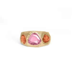 18K Three Stone Ring in Pink and Orange Sapphire