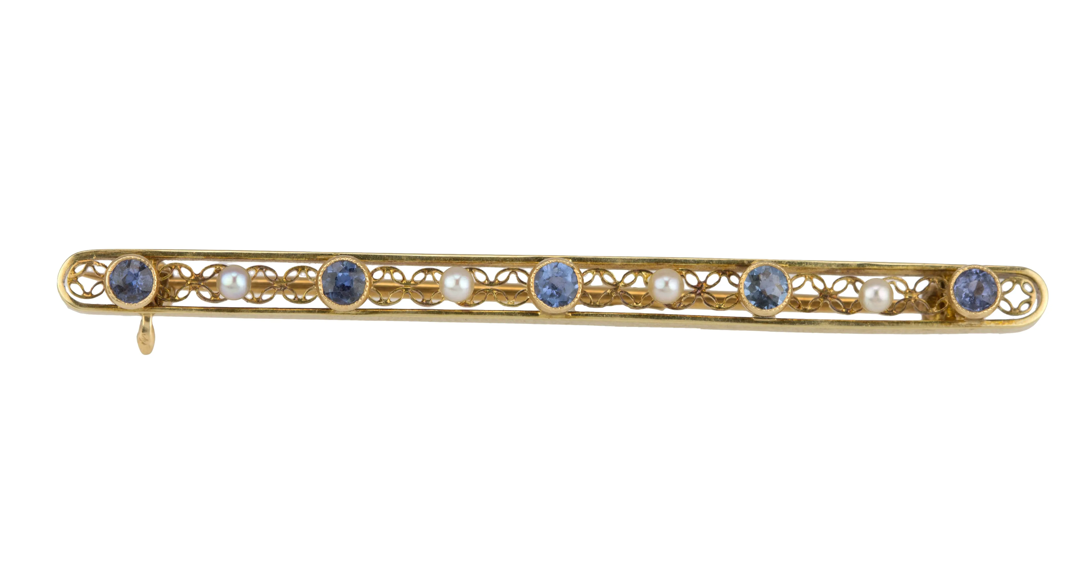 1930's Antique Art Deco 14k Yellow Gold Tanzanite Pearl Filigree Pin Brooch