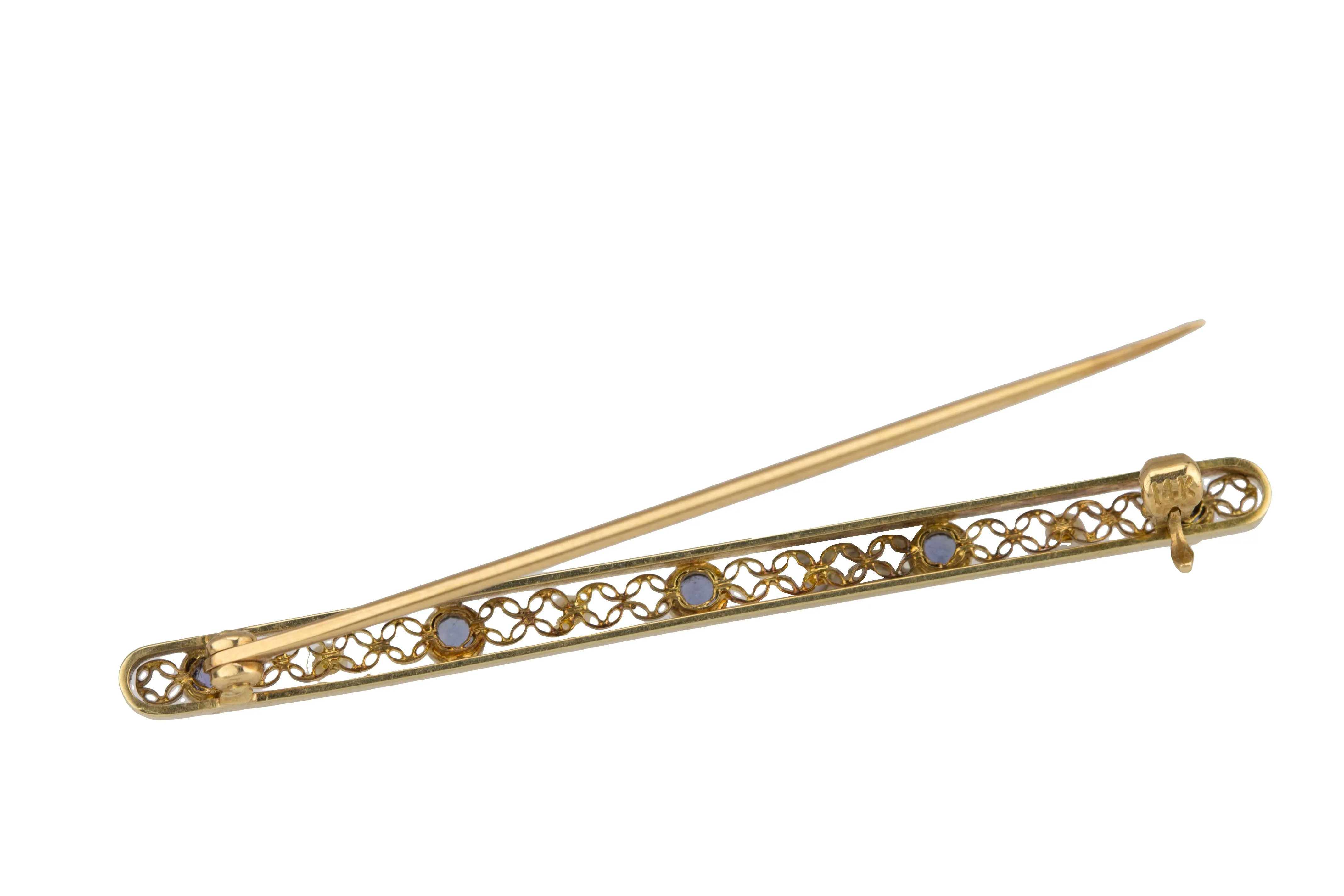 1930's Antique Art Deco 14k Yellow Gold Tanzanite Pearl Filigree Pin Brooch