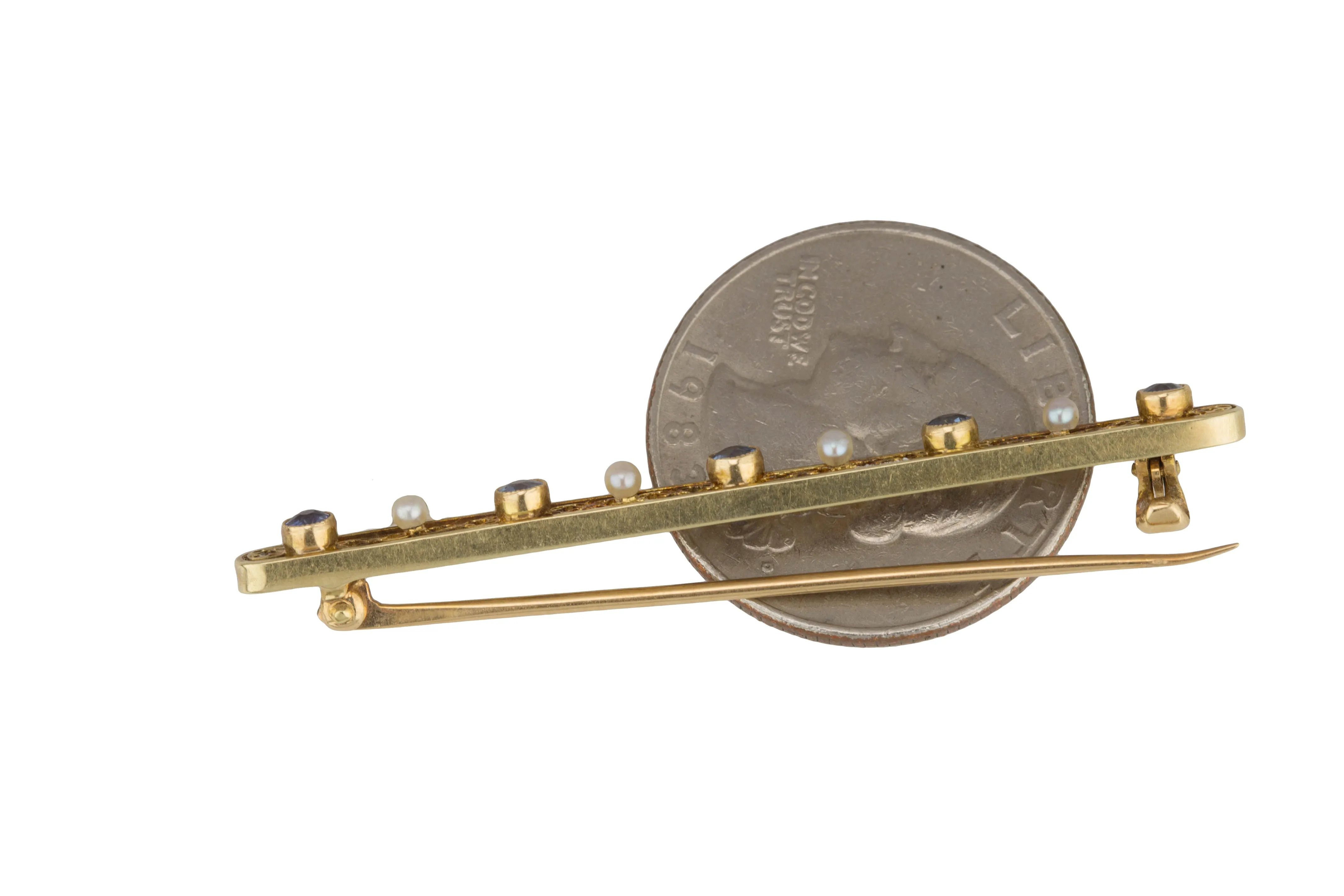 1930's Antique Art Deco 14k Yellow Gold Tanzanite Pearl Filigree Pin Brooch