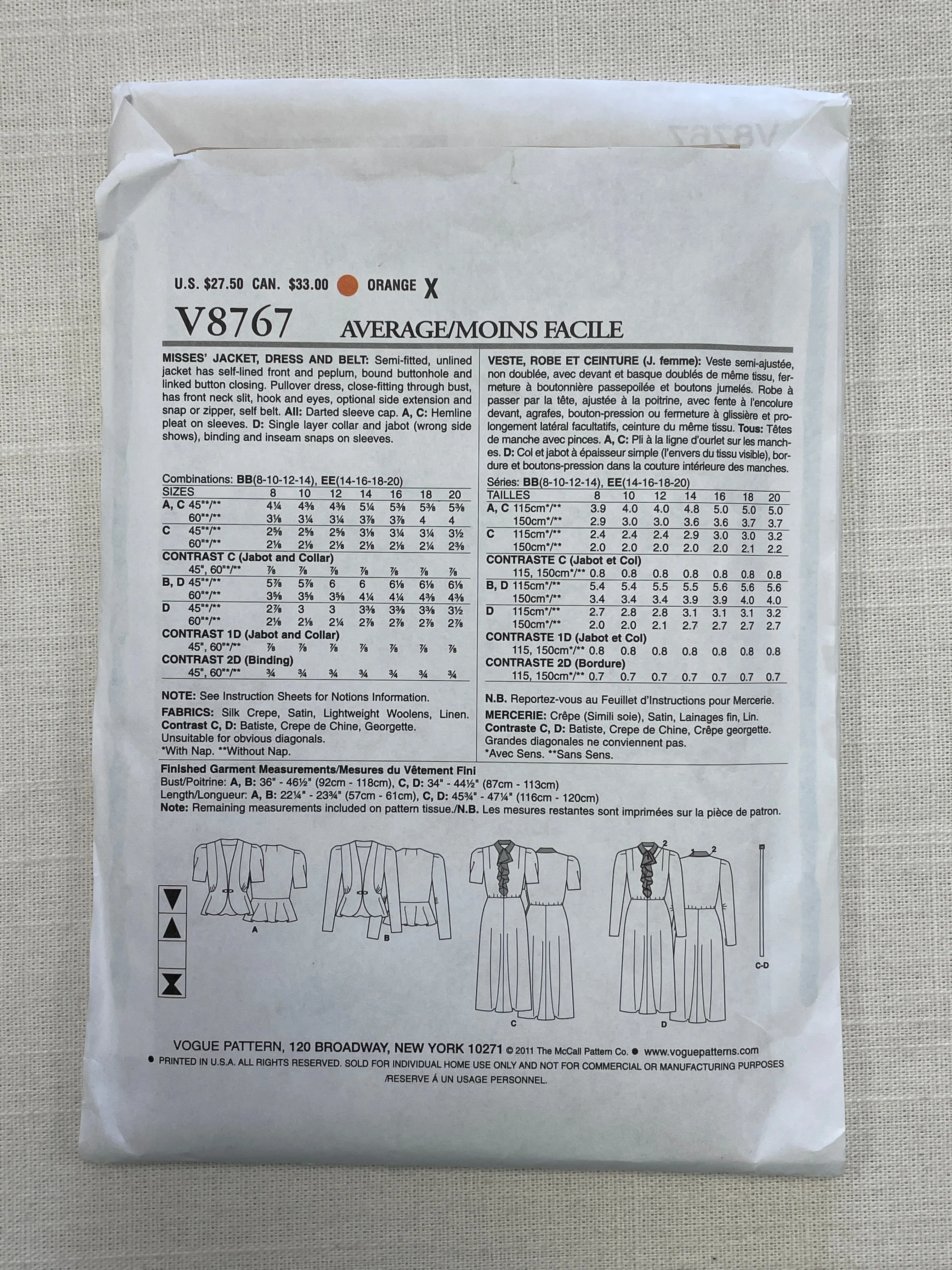 1938 Reproduction Vogue 8767 Pattern - Dress, Jacket and Belt FACTORY FOLDED