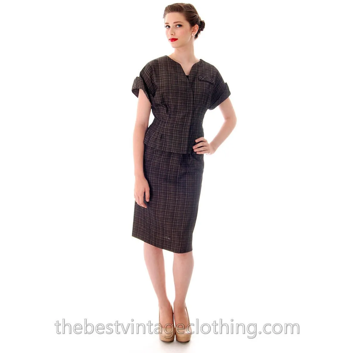 1950s Vintage Silk Suit Short Sleeves Plaid Blums-Vogue Unique 38-25-36 High Quality