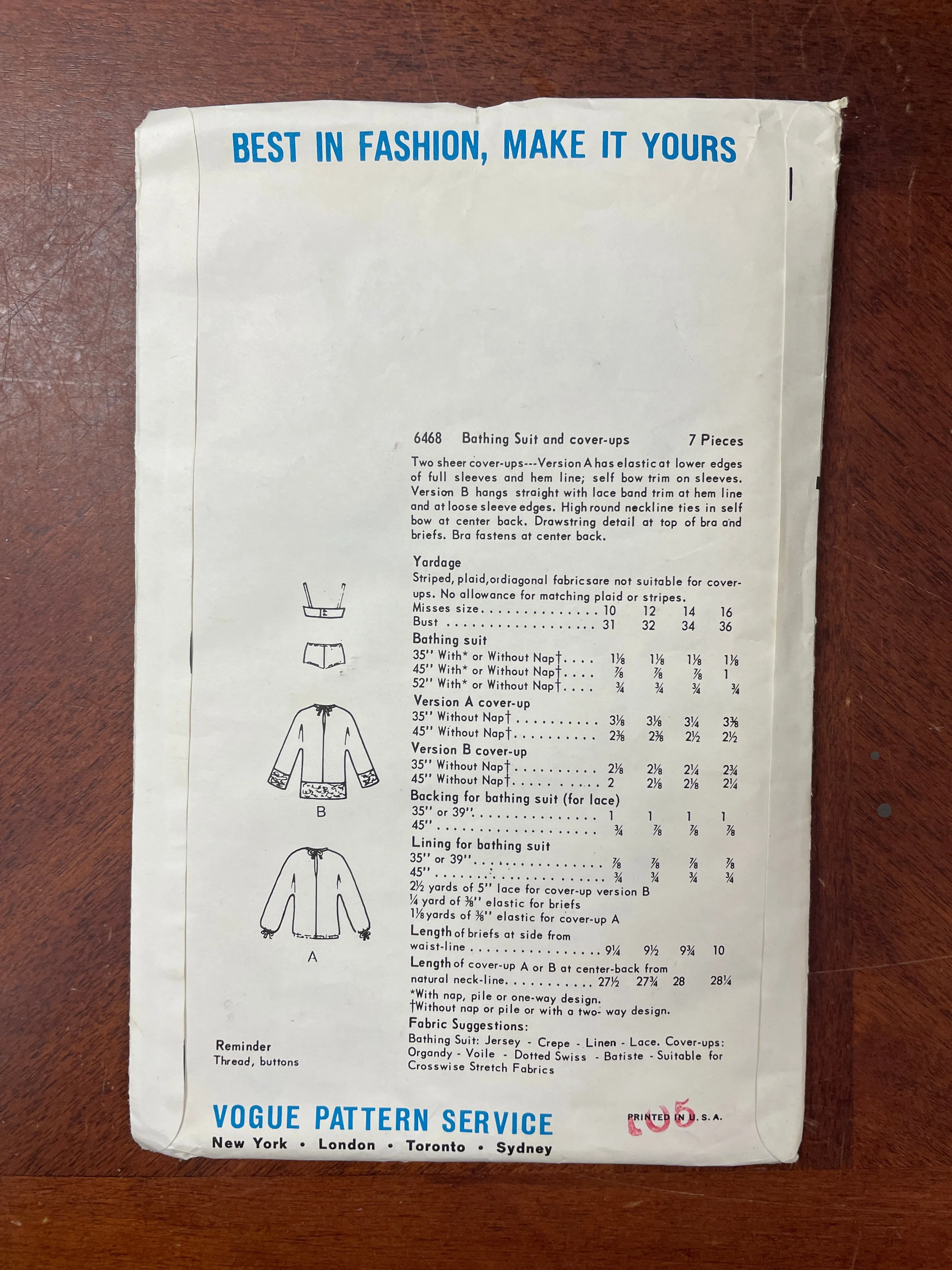 1960's Vogue 6468 Sewing Pattern - Bathing Suit and Cover-up