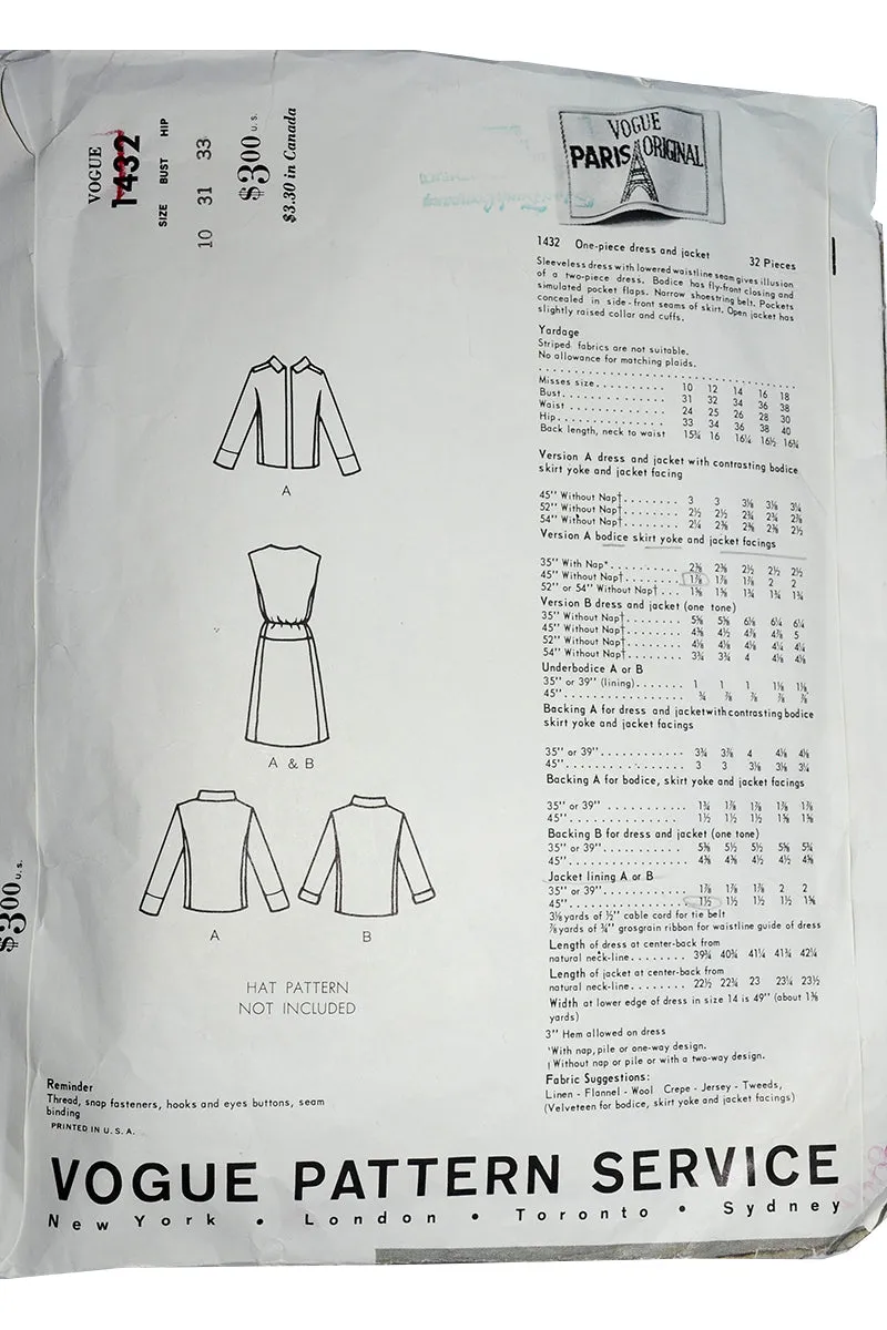 1960s Vogue Paris Original Jean Patou Pattern for Dress & Jacket
