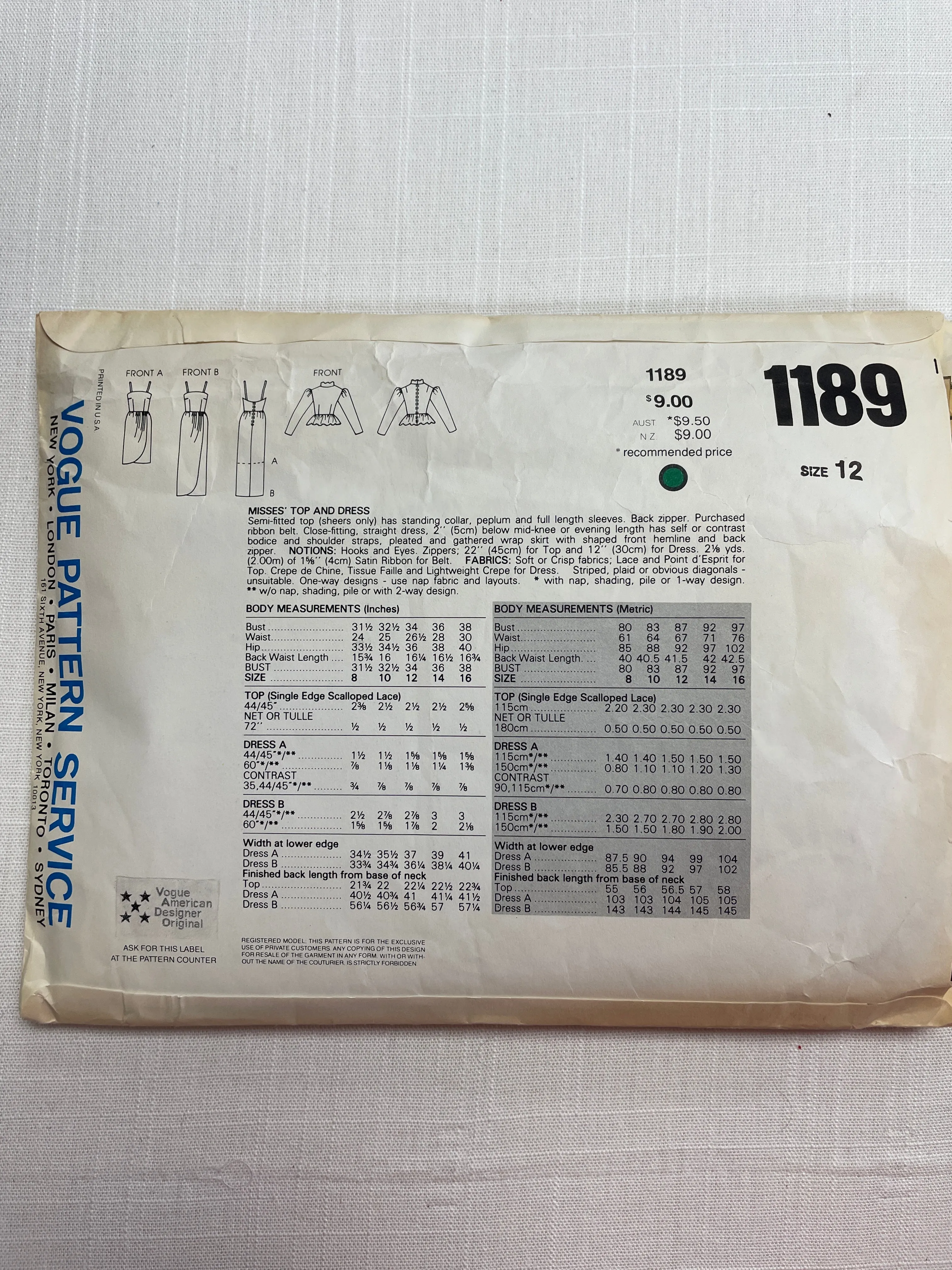 1980's Vogue 1189 Pattern: Dress and Top