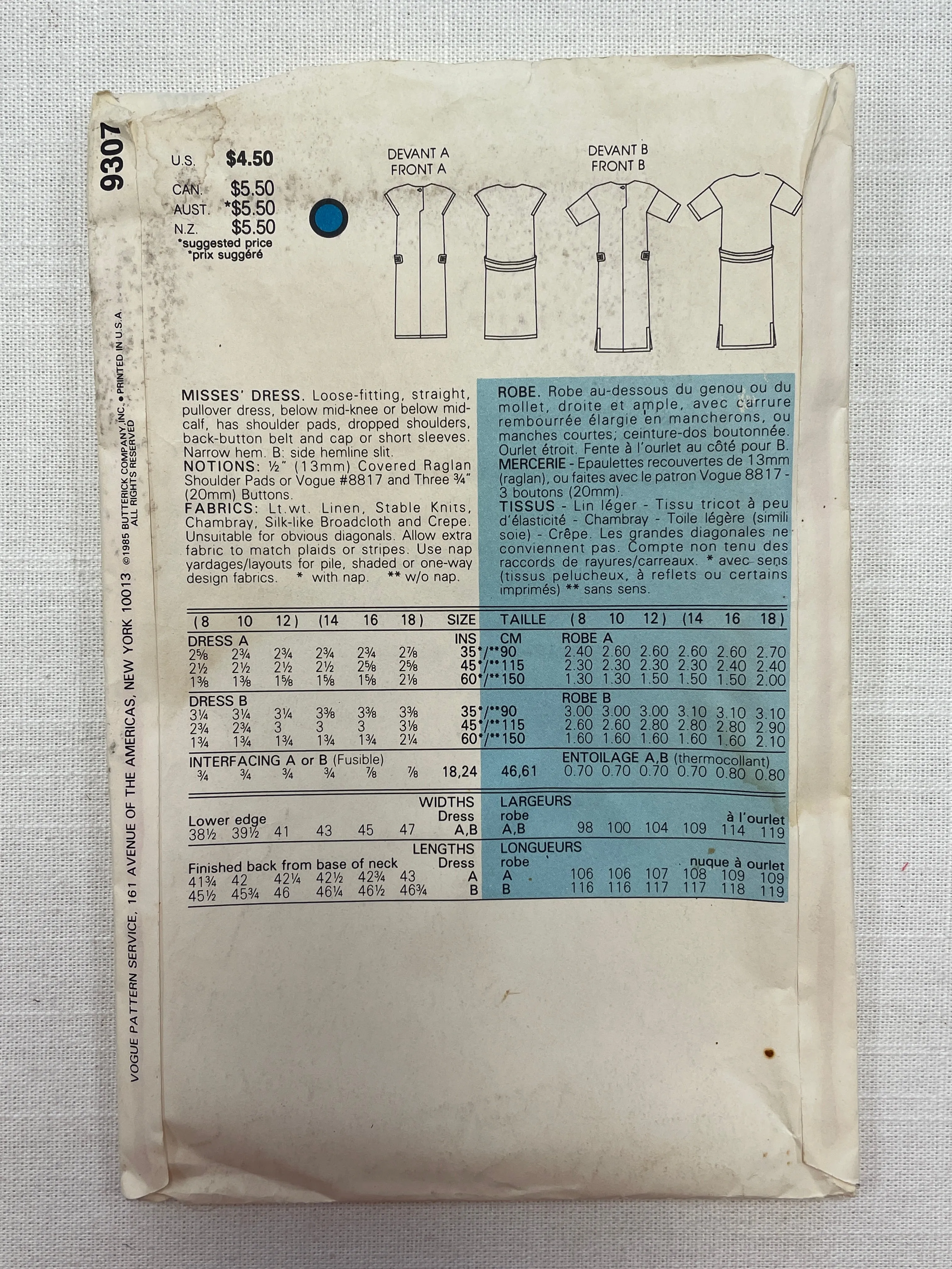 1985 Vogue 9307 Pattern - Dress