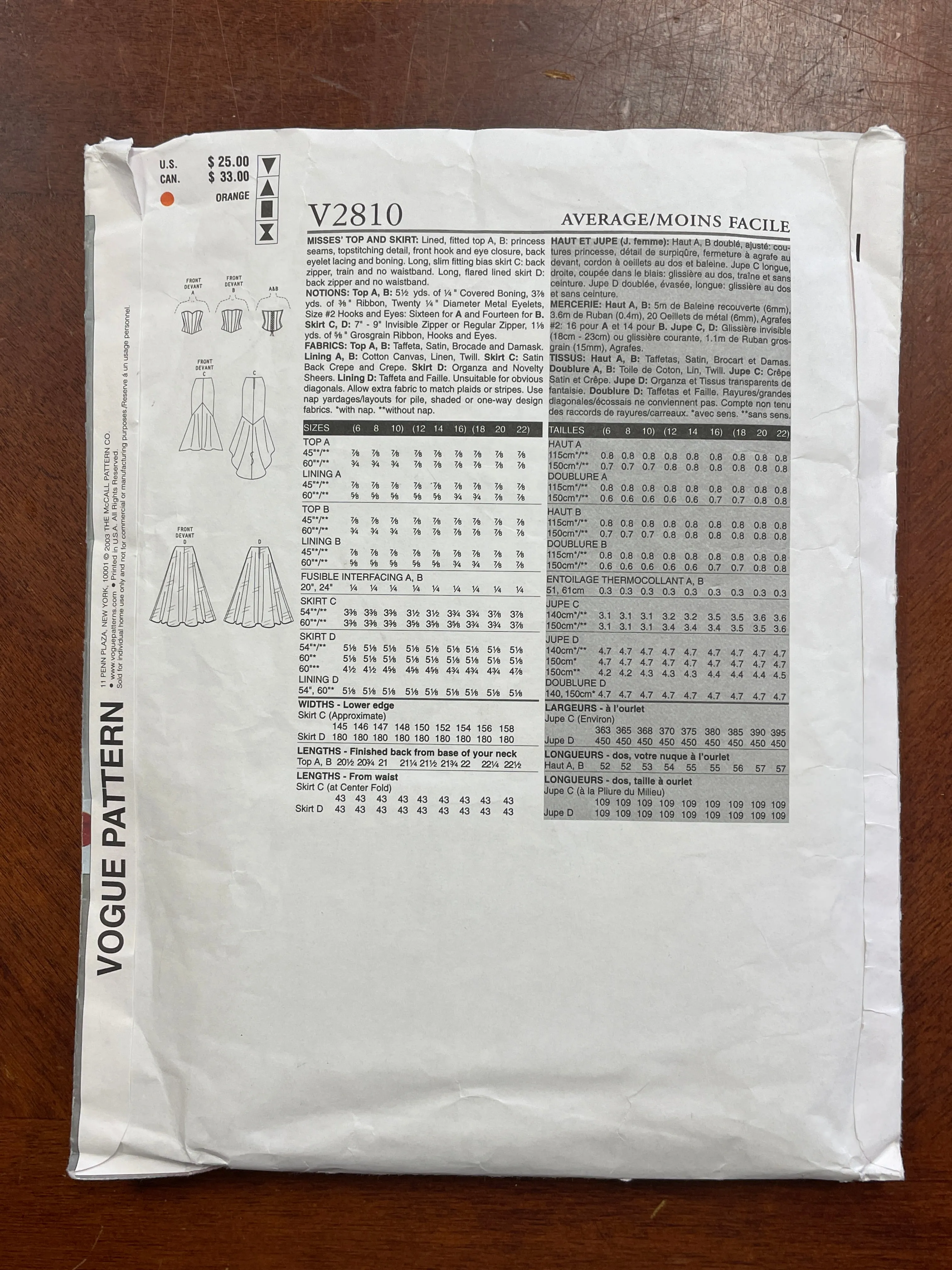 2003 Vogue 2810 Pattern - Boned Bodice and Skirt FACTORY FOLDED