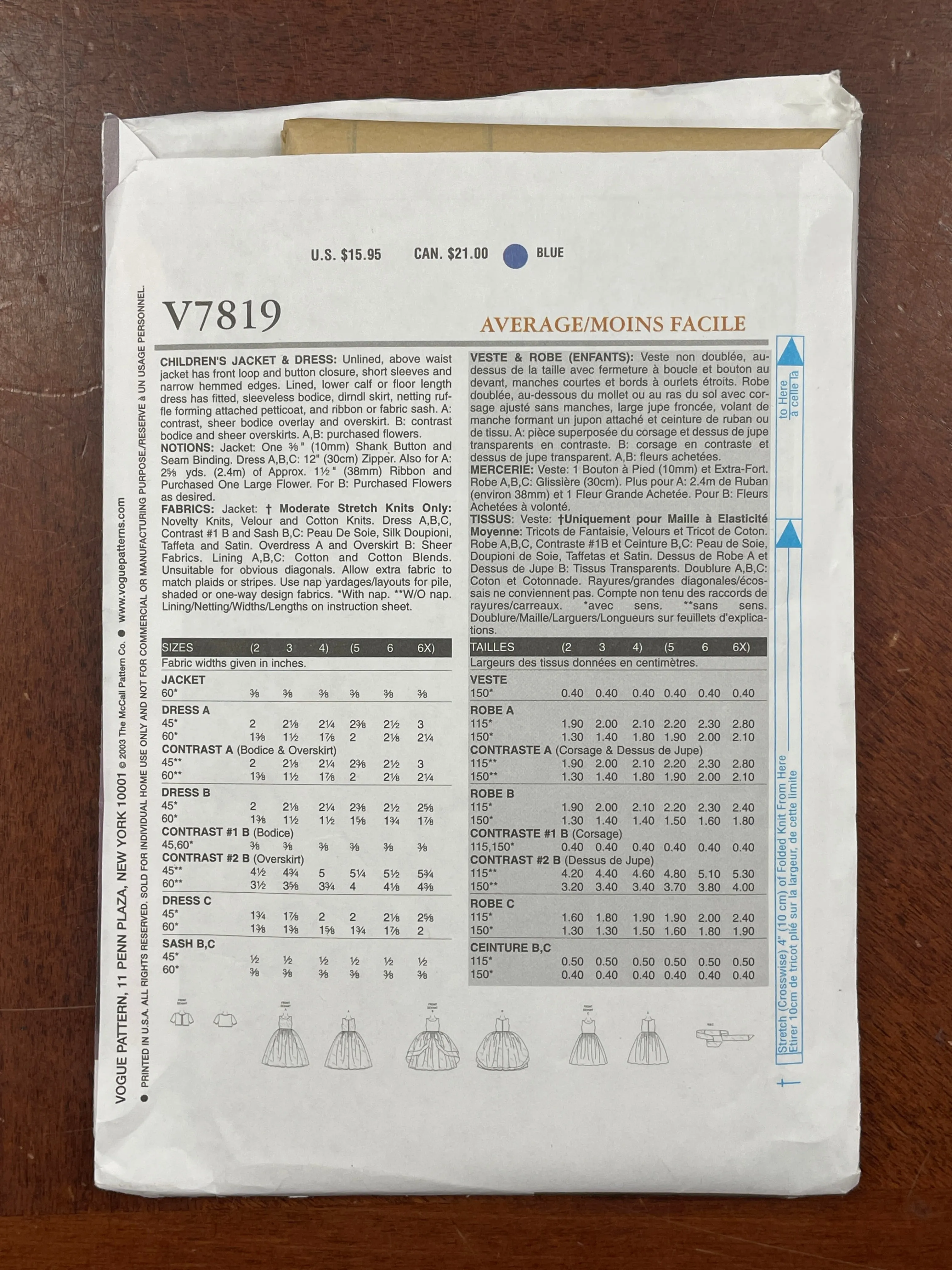 2003 Vogue 7819 Pattern - Child's Dress FACTORY FOLDED