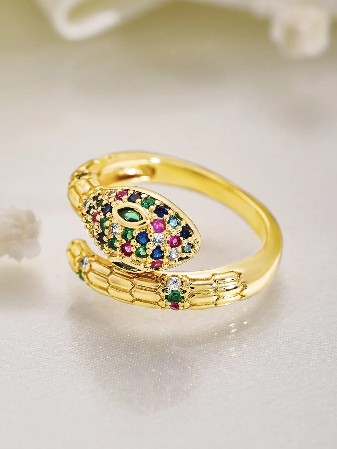 22K Gold Plated Multicolor Cubic Zirconia Studded Snake Motif Adjustable Ring