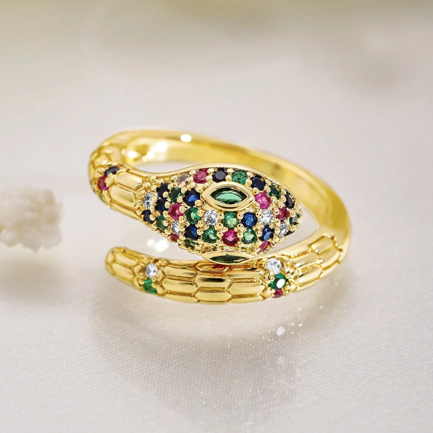 22K Gold Plated Multicolor Cubic Zirconia Studded Snake Motif Adjustable Ring