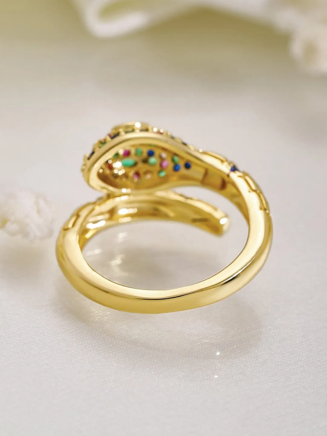 22K Gold Plated Multicolor Cubic Zirconia Studded Snake Motif Adjustable Ring