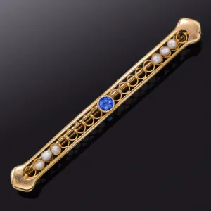 Antique 10K Gold Blue Paste & Sea Pearl Art Deco Bar Brooch Pin 56.2 x 6.7 mm