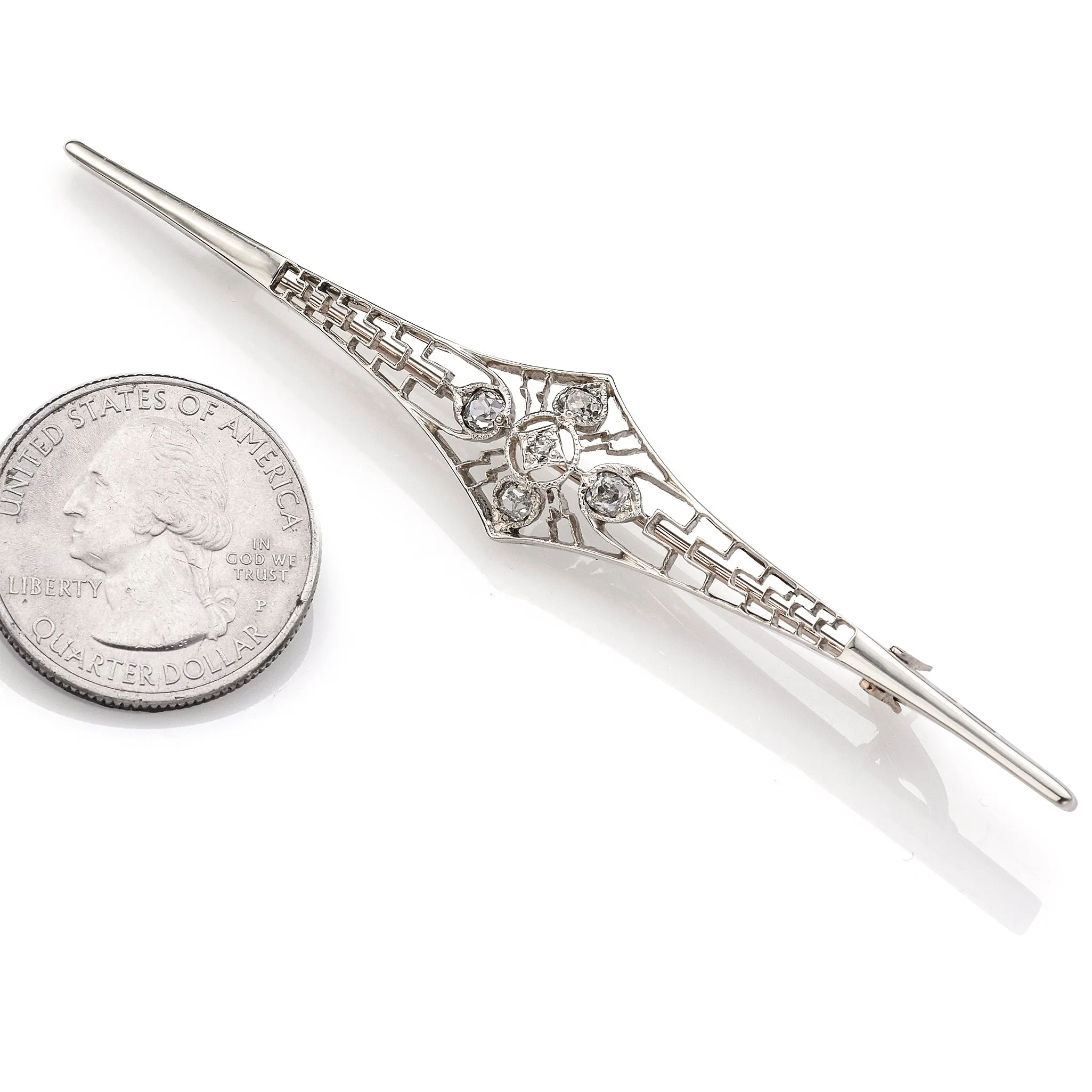 Antique 10K White Gold 0.62 TCW Old Mine Cut Diamond Art Deco Brooch Pin