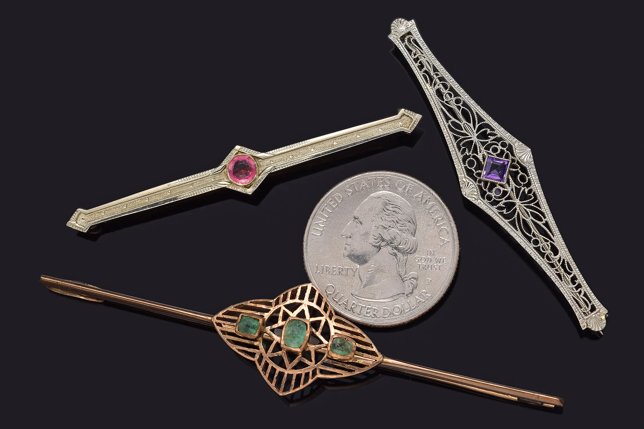 Antique 14K & 10K Gold Emerald, Amethyst & Pink Paste Art Deco Bar Brooch Pins