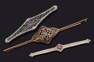 Antique 14K & 10K Gold Emerald, Amethyst & Pink Paste Art Deco Bar Brooch Pins