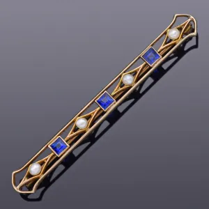 Antique 14K Gold Sapphire & Sea Pearl Art Deco Bar Brooch Pin 63.5 x 8.0 mm