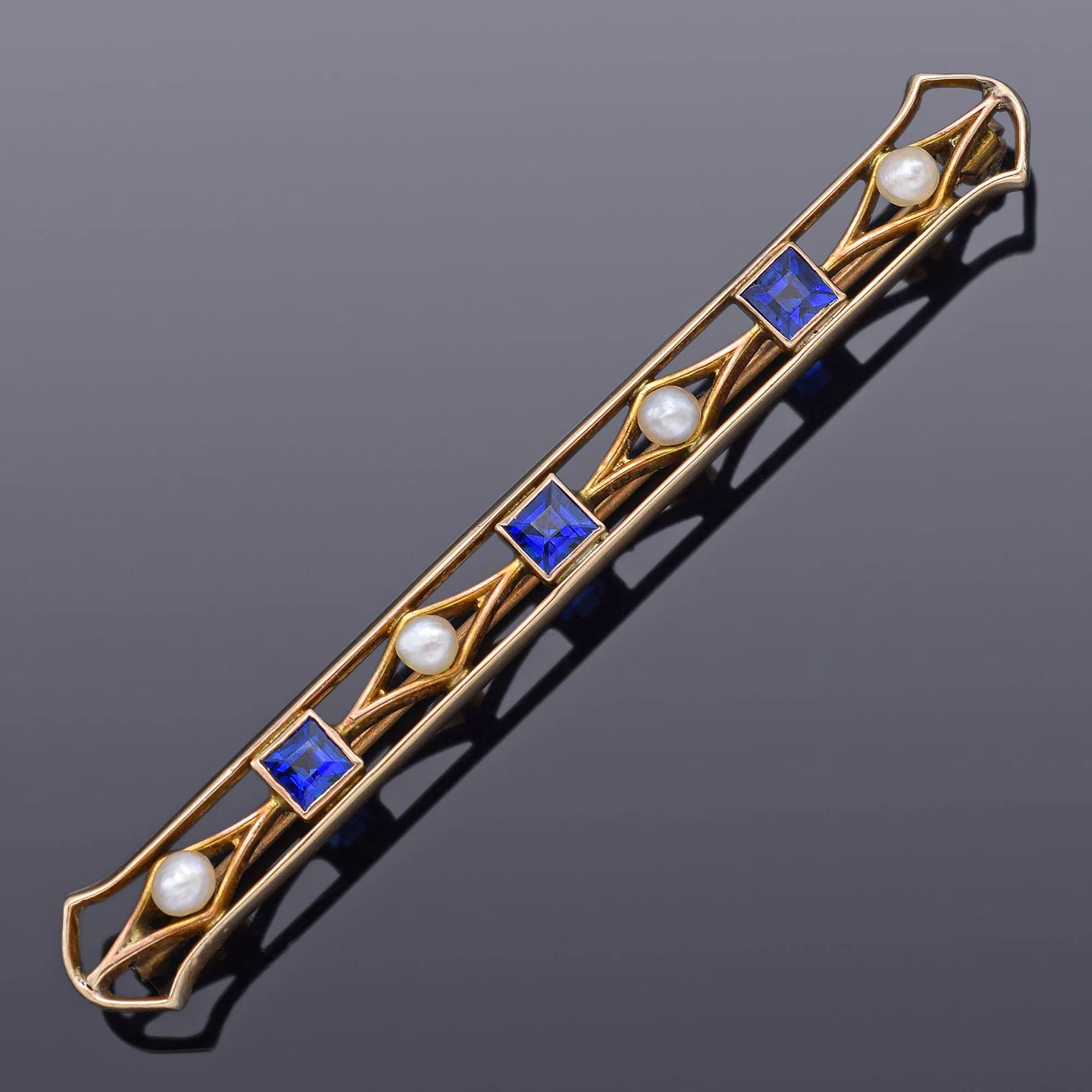 Antique 14K Gold Sapphire & Sea Pearl Art Deco Bar Brooch Pin 63.5 x 8.0 mm