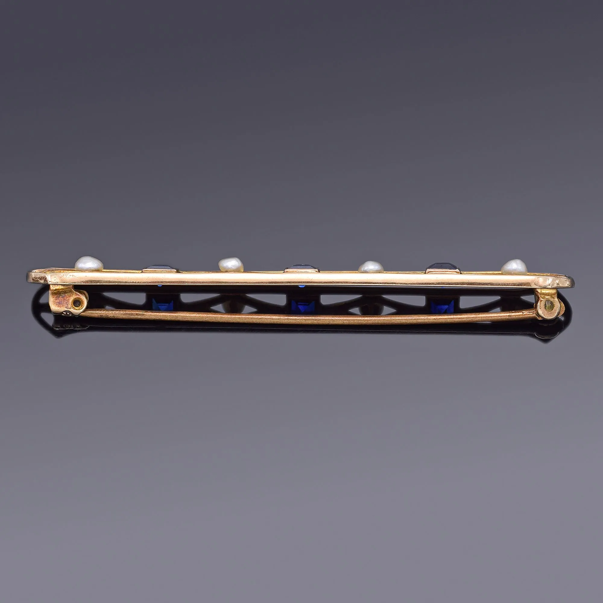 Antique 14K Gold Sapphire & Sea Pearl Art Deco Bar Brooch Pin 63.5 x 8.0 mm