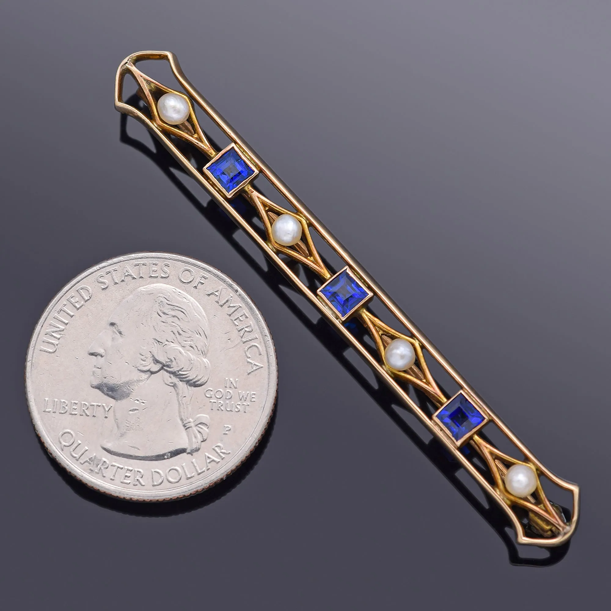 Antique 14K Gold Sapphire & Sea Pearl Art Deco Bar Brooch Pin 63.5 x 8.0 mm