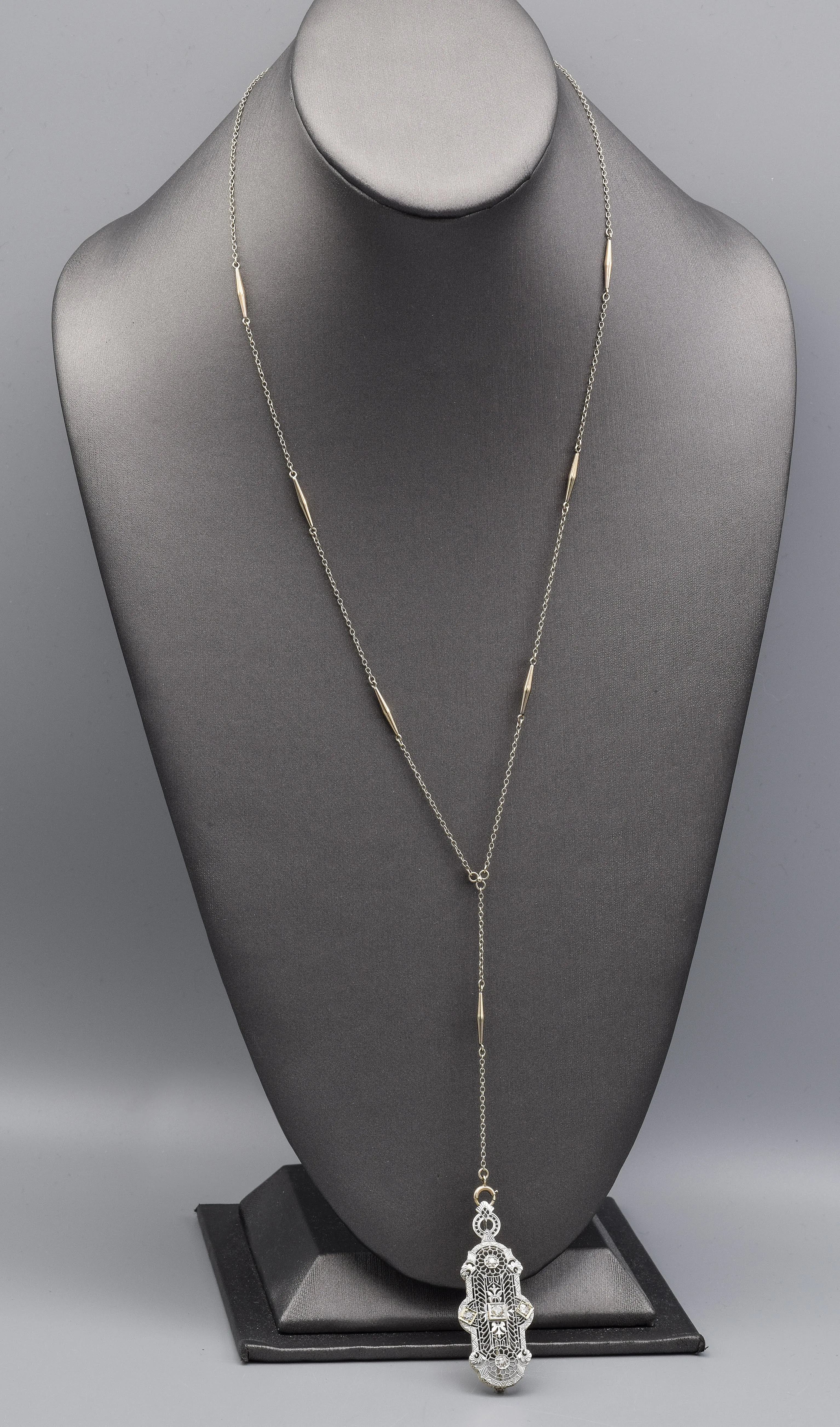 Antique 14K White Gold Diamond Art Deco Brooch Pin Long Necklace