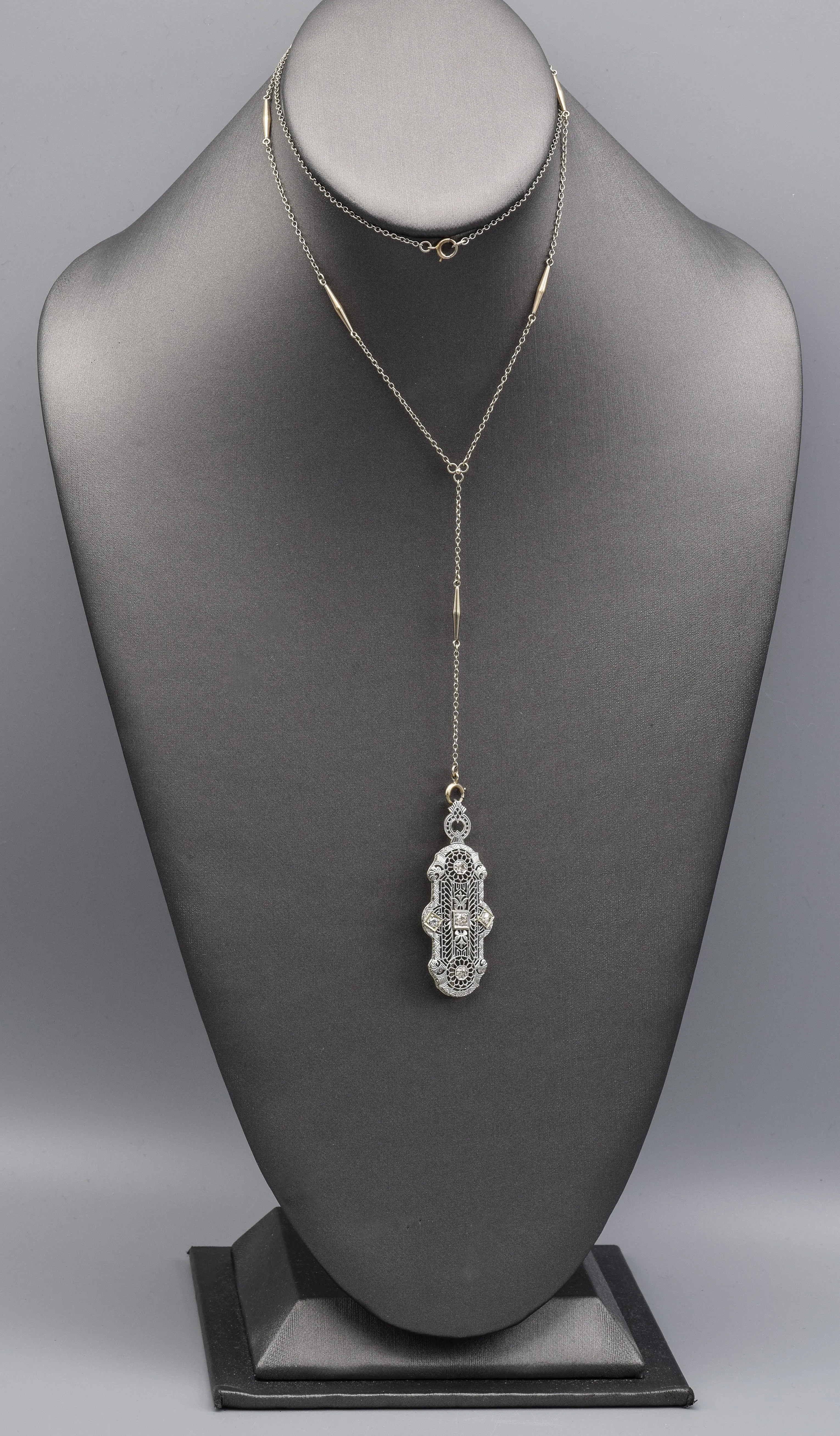Antique 14K White Gold Diamond Art Deco Brooch Pin Long Necklace