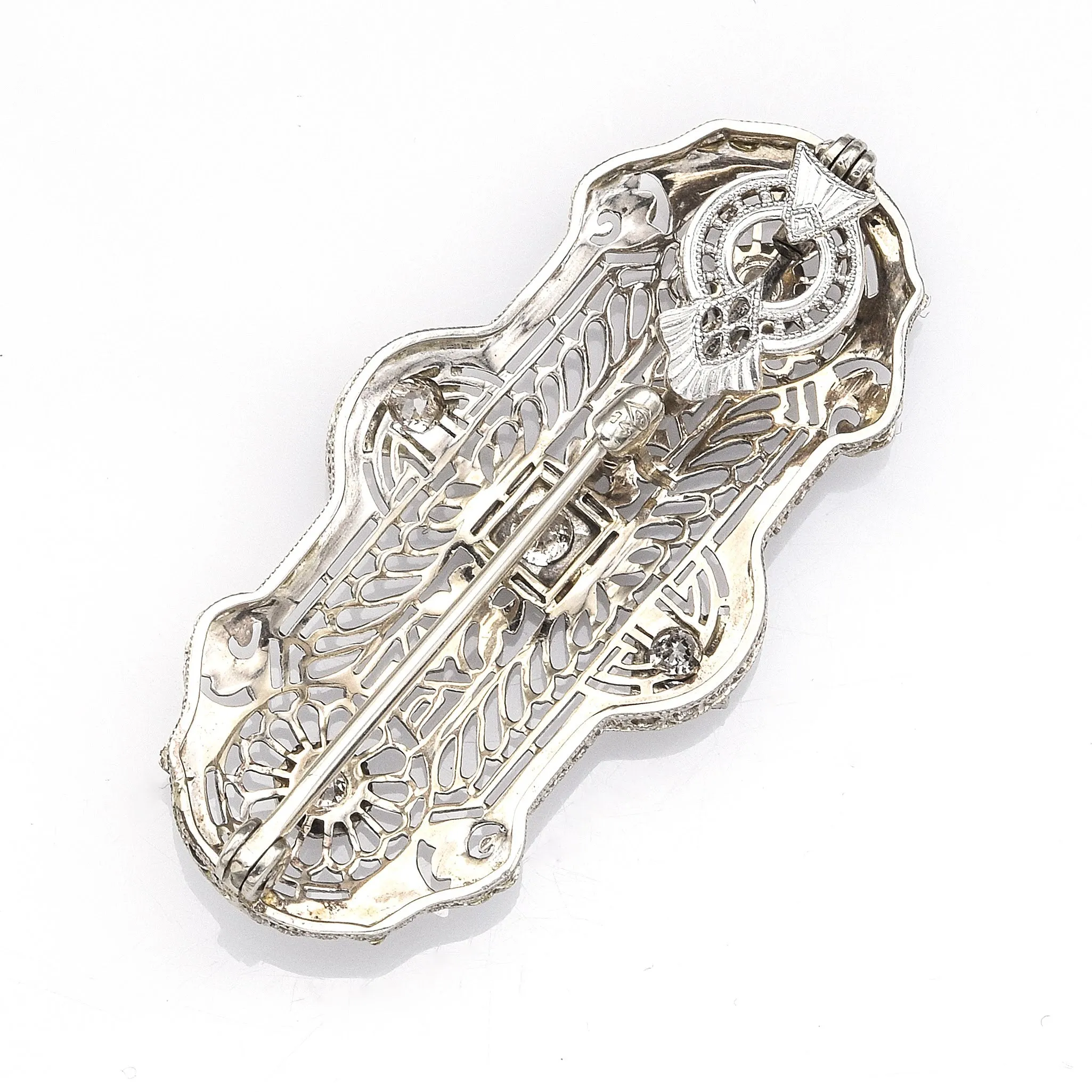 Antique 14K White Gold Diamond Art Deco Brooch Pin Long Necklace