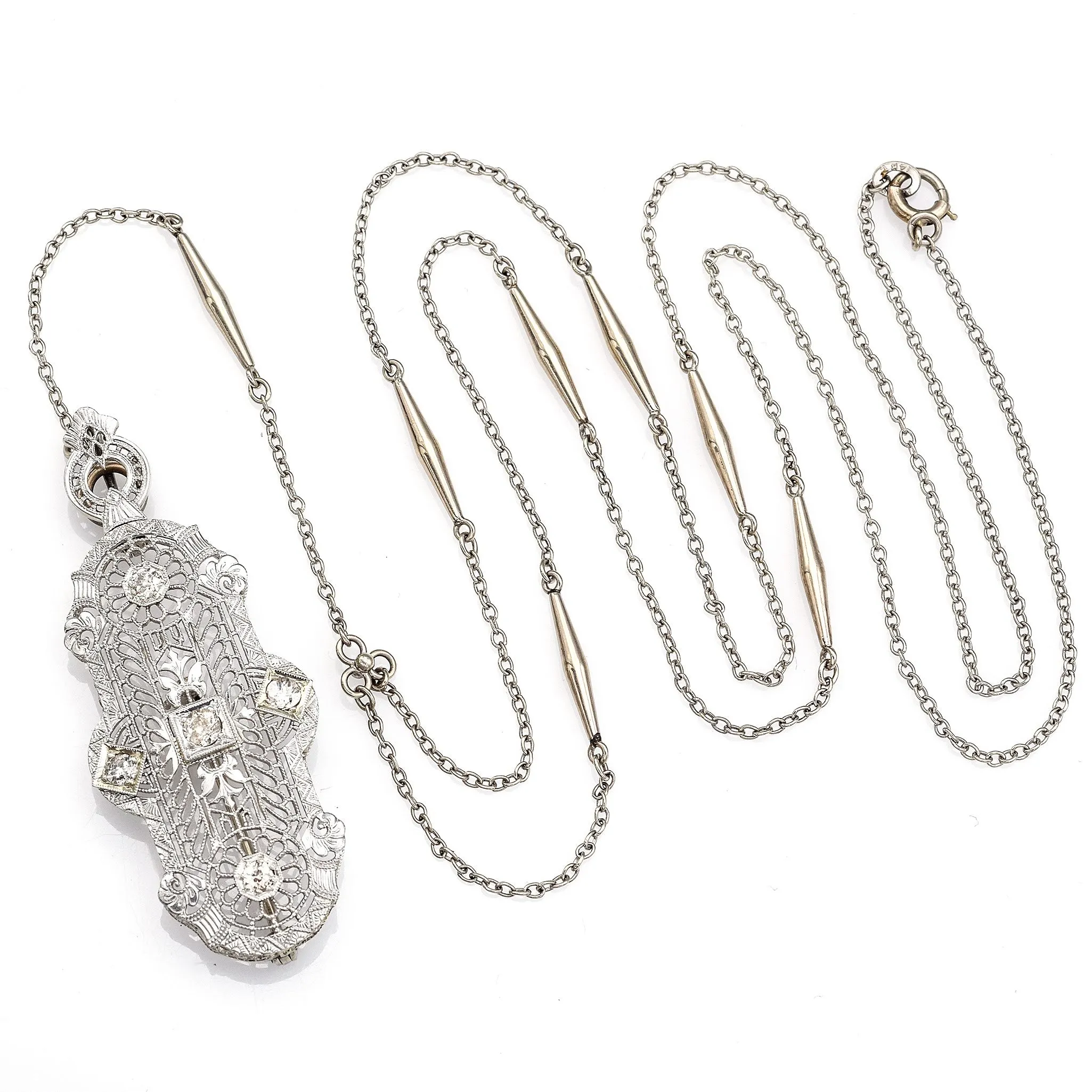 Antique 14K White Gold Diamond Art Deco Brooch Pin Long Necklace