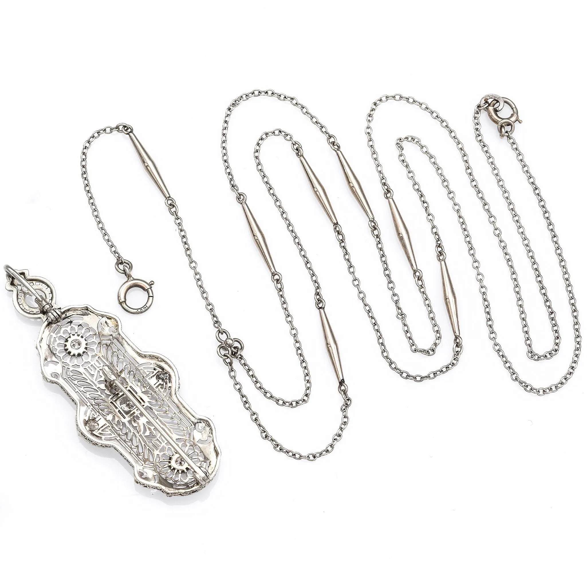 Antique 14K White Gold Diamond Art Deco Brooch Pin Long Necklace