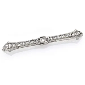 Antique 14K White Gold Diamond Art Deco Etched Filigree Brooch Bar Pin