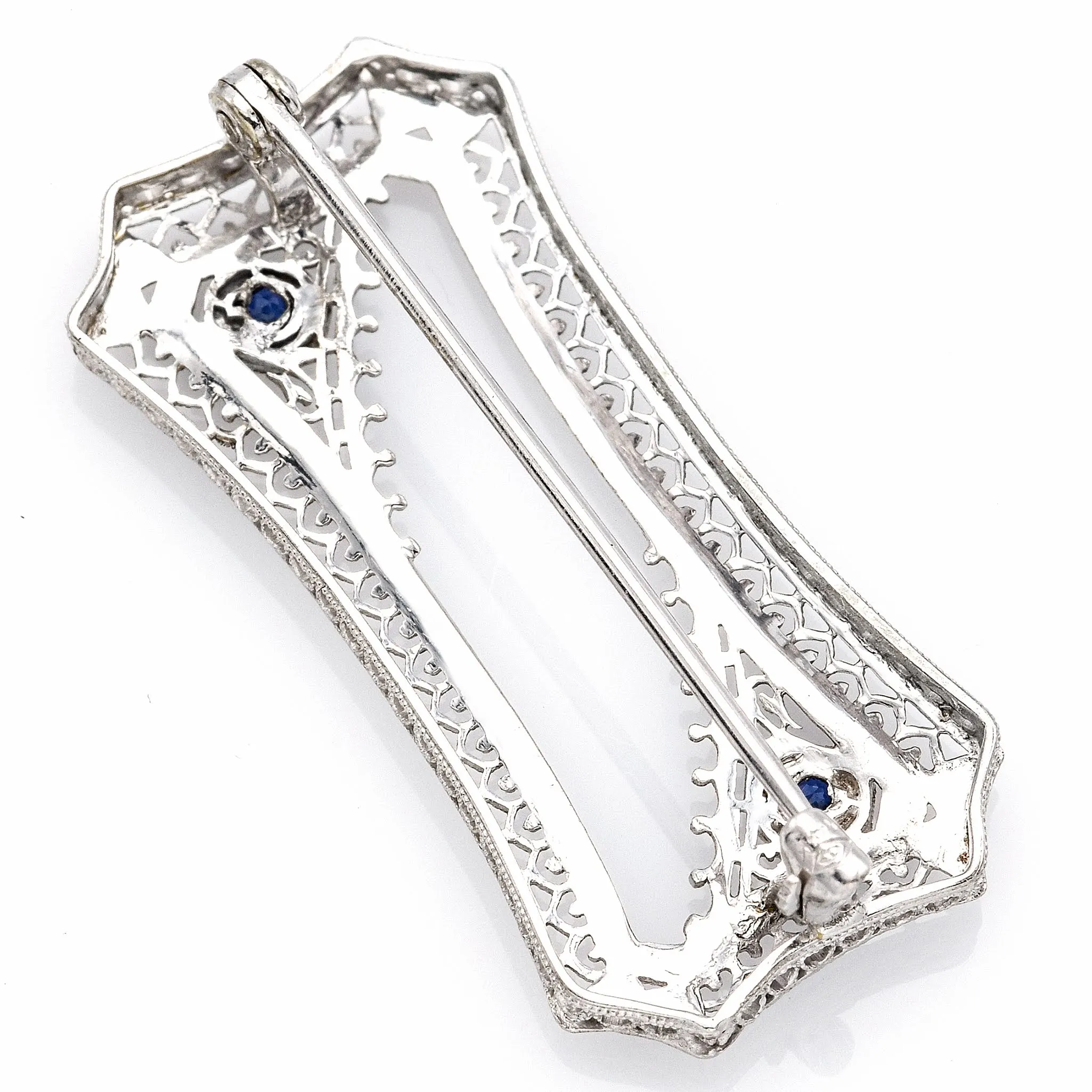 Antique 14K White Gold Sapphire Art Deco Etched Filigree Brooch Pin