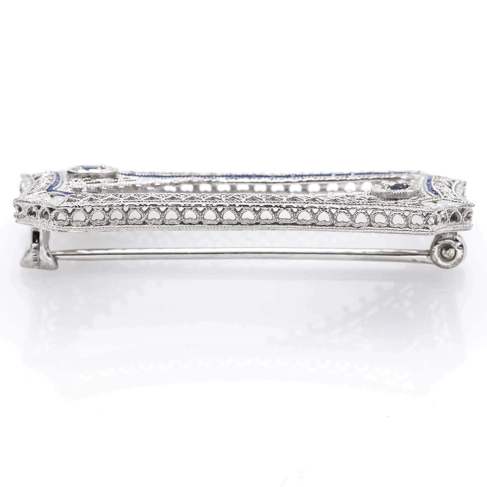 Antique 14K White Gold Sapphire Art Deco Etched Filigree Brooch Pin