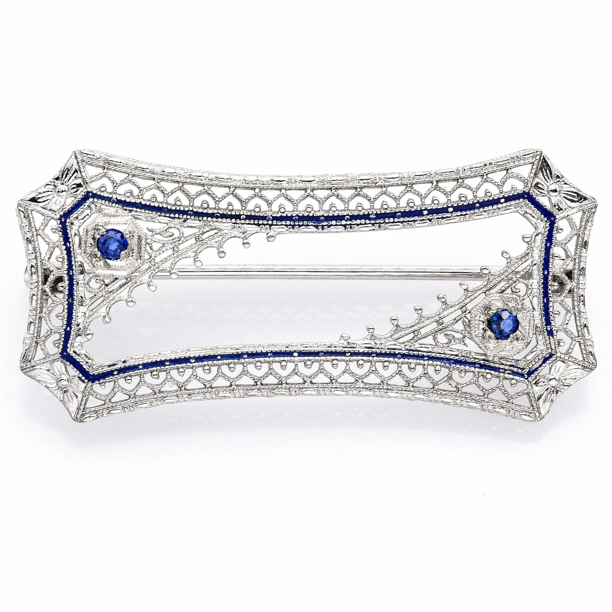 Antique 14K White Gold Sapphire Art Deco Etched Filigree Brooch Pin