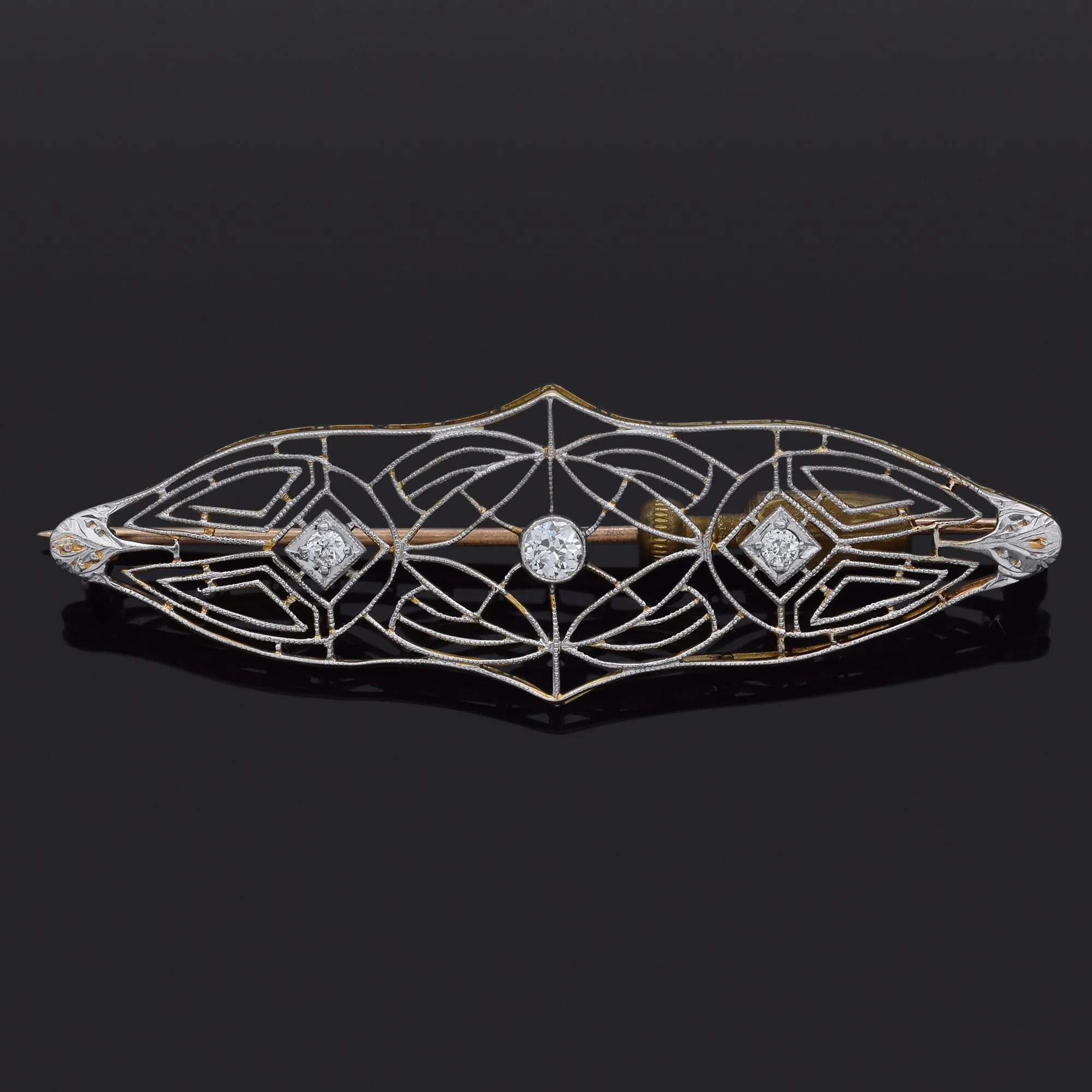 Antique Art Deco 10K Gold & Platinum 0.25 TCW Old Euro Diamond Brooch Pin