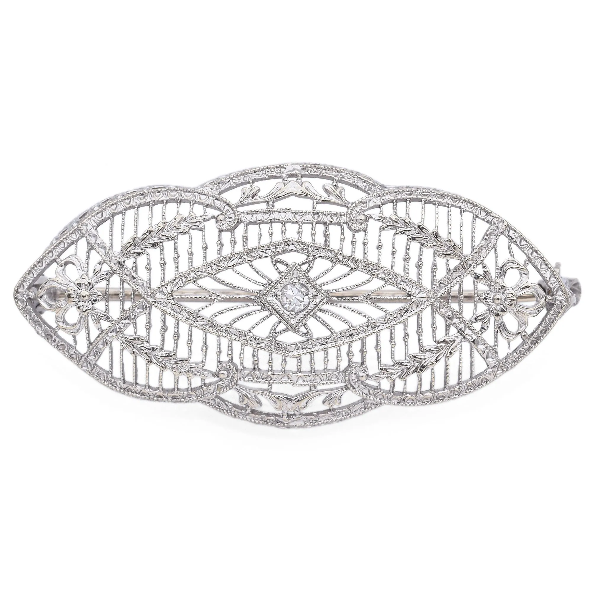 Antique Art Deco 14K White Gold Diamond Brooch Pin