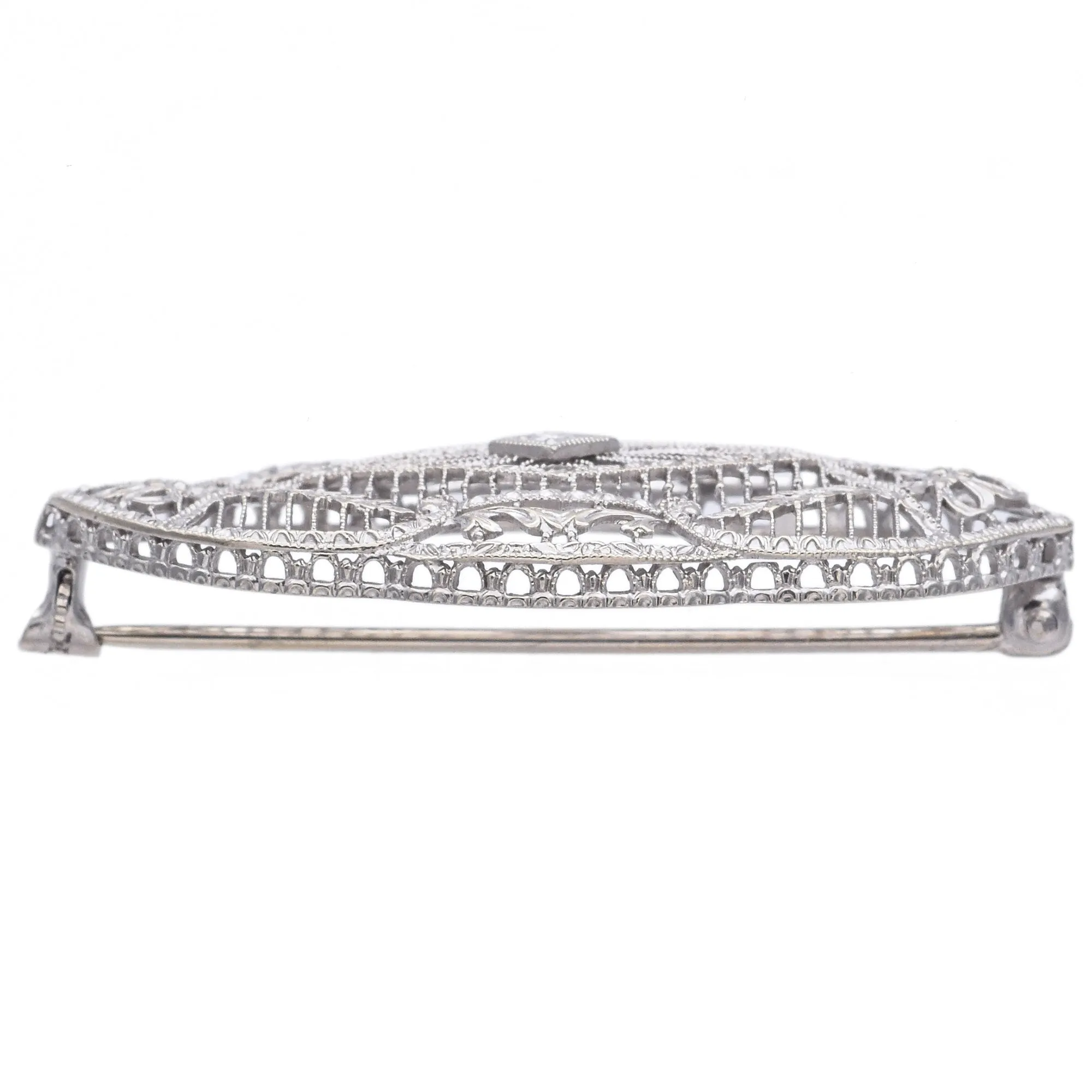 Antique Art Deco 14K White Gold Diamond Brooch Pin