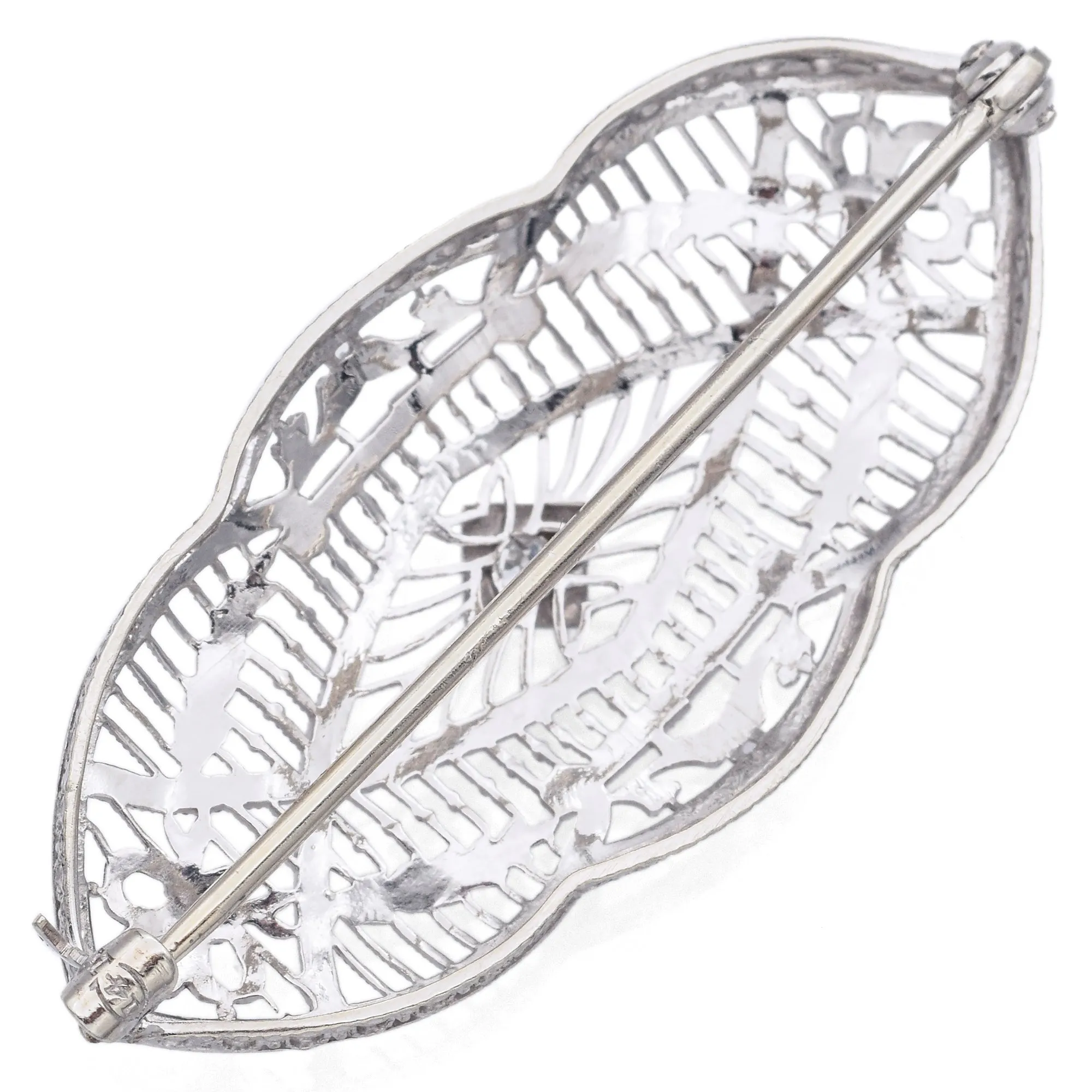 Antique Art Deco 14K White Gold Diamond Brooch Pin
