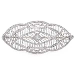 Antique Art Deco 14K White Gold Diamond Brooch Pin