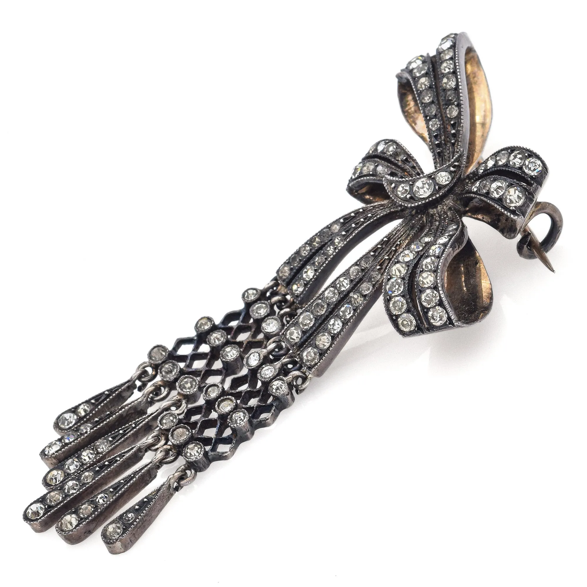 Antique Art Deco Sterling Silver Paste Bow Brooch Pin