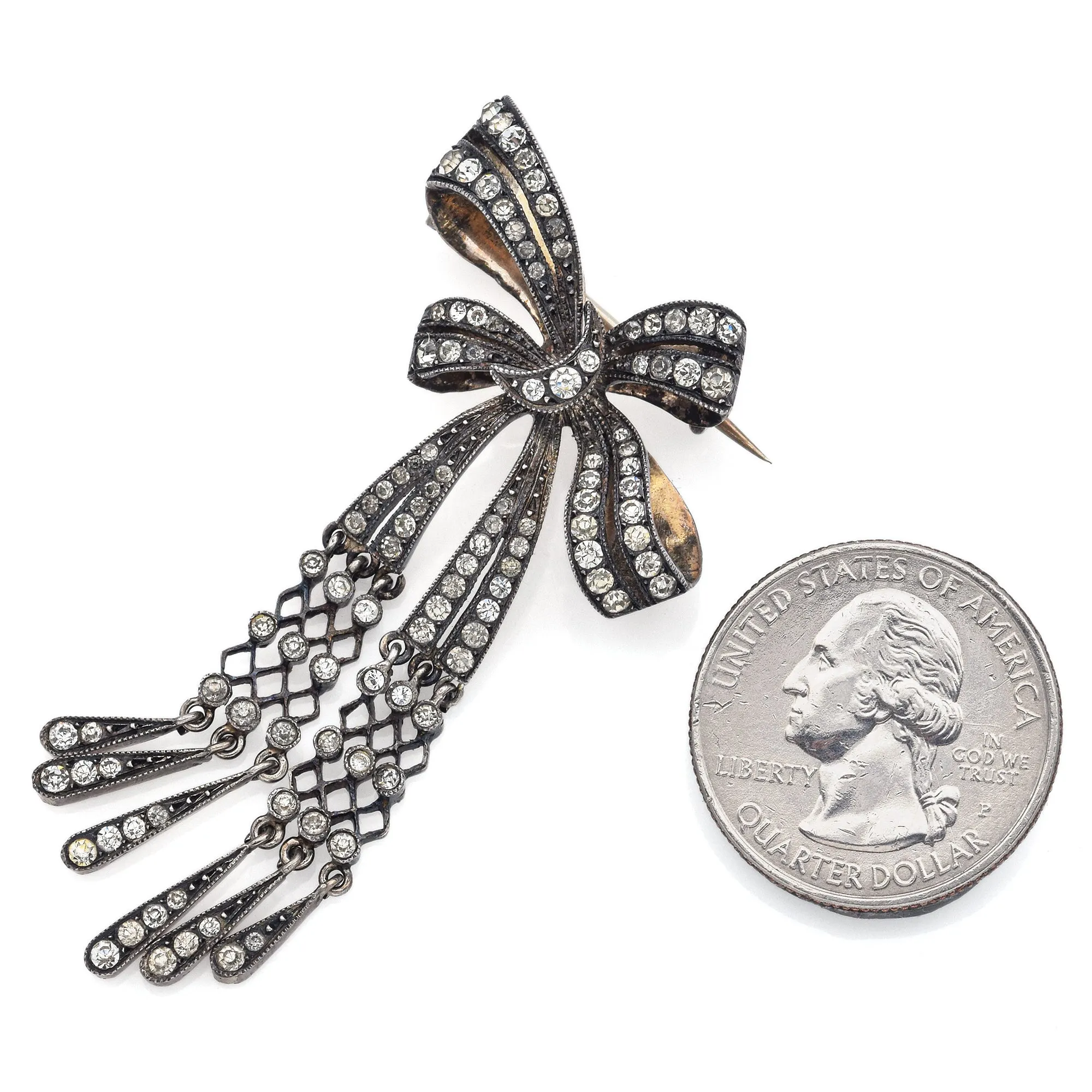 Antique Art Deco Sterling Silver Paste Bow Brooch Pin