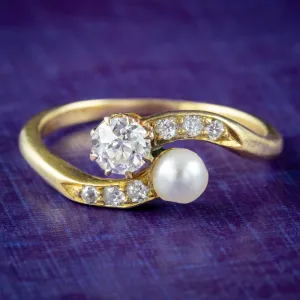 Antique Edwardian Toi Et Moi Diamond Pearl Twist Ring 0.45ct Diamond