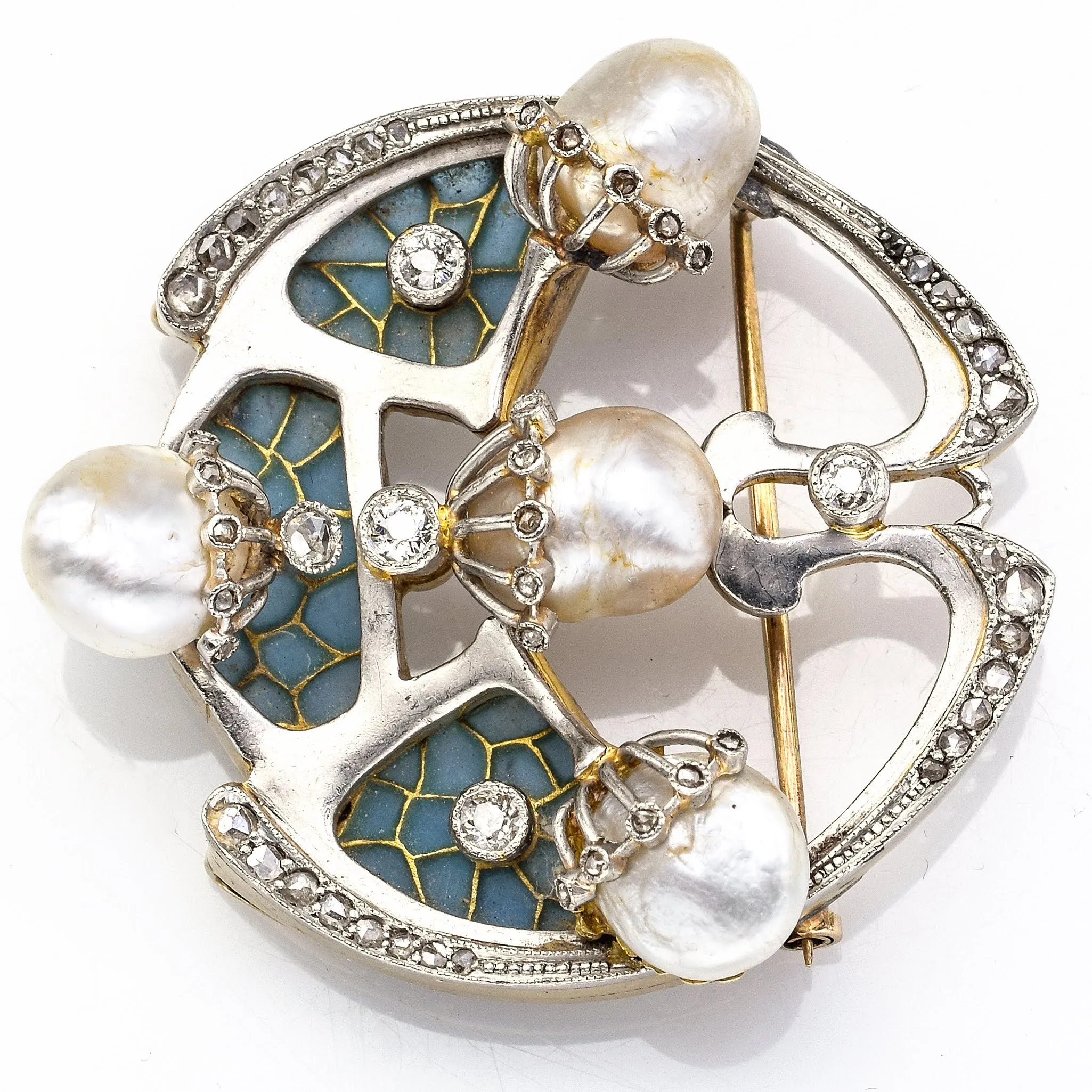 Antique Platinum & 18K Gold Diamond & Sea Pearl Art Deco Brooch Pendant