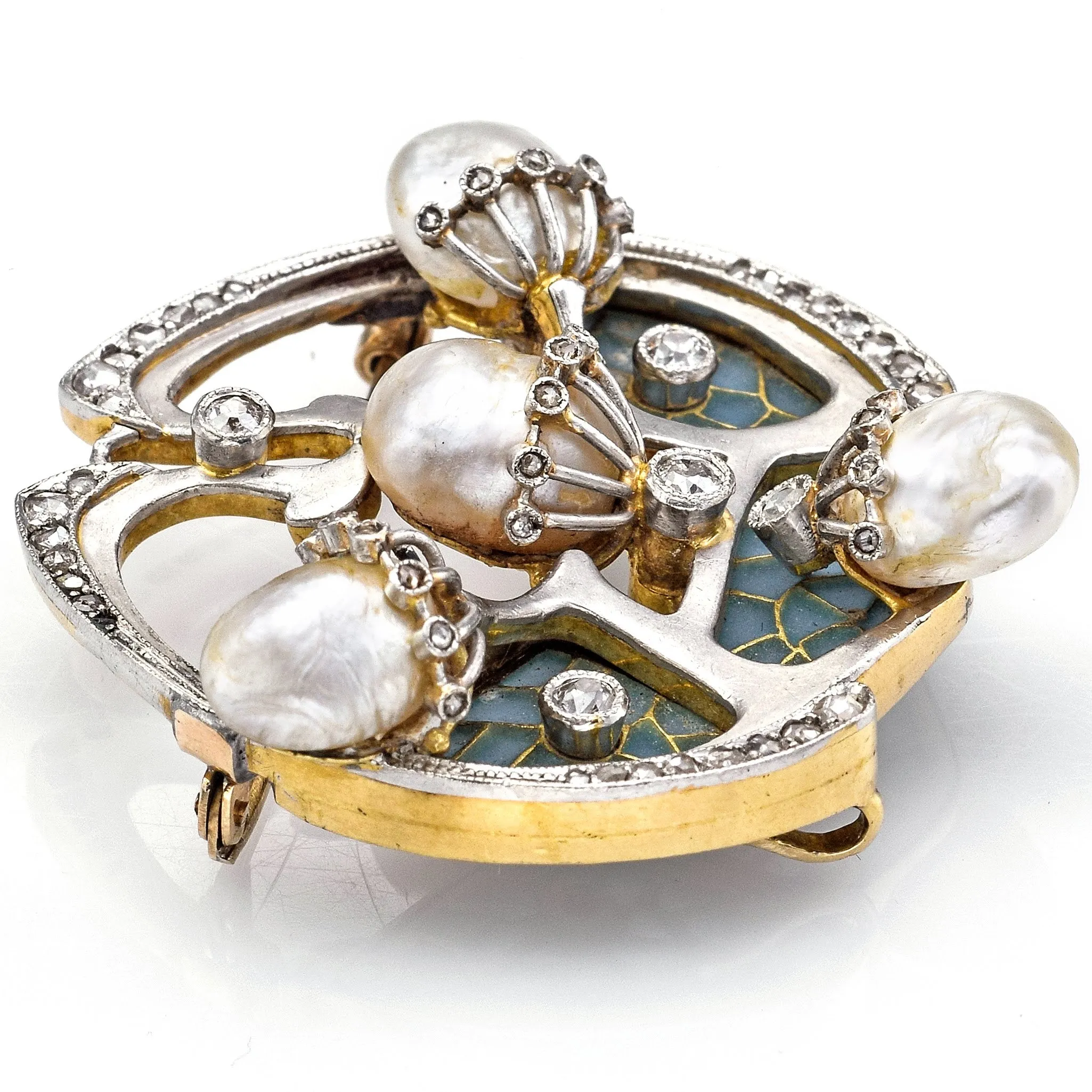 Antique Platinum & 18K Gold Diamond & Sea Pearl Art Deco Brooch Pendant